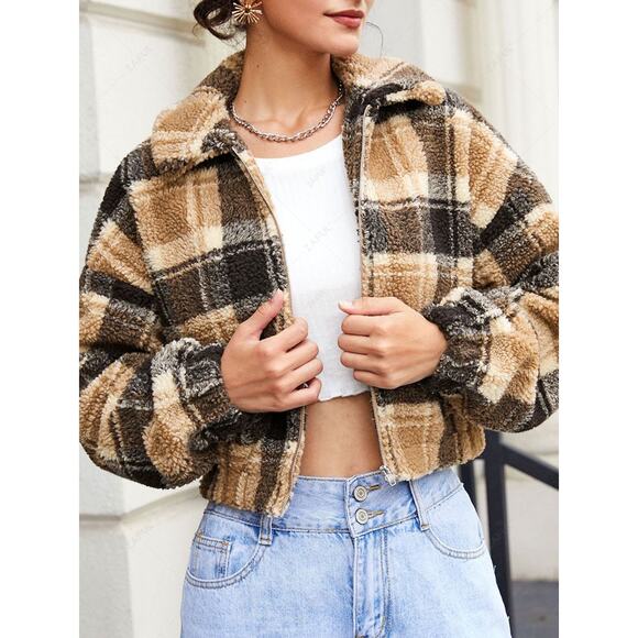 ZAFUL Plaid Teddy Zip Jacket Sherpa Fleece Brown Beige Crop Coat SZ 6 Medium - Picture 1 of 10